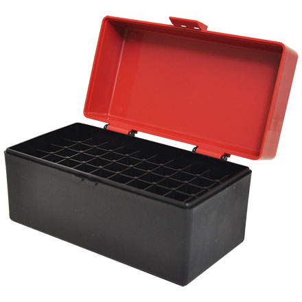 Hinged Top 50 Round Red With Black Base Ammo Box 243 Win, 308 Win, 6.5 Creedmoor, etc.