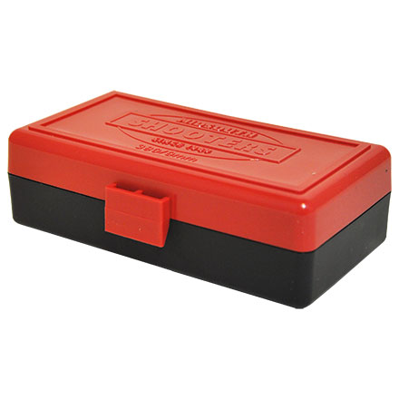 Hinged Top 50 Round Red With Black Base Ammo Box 380 ACP, 9mm, etc.