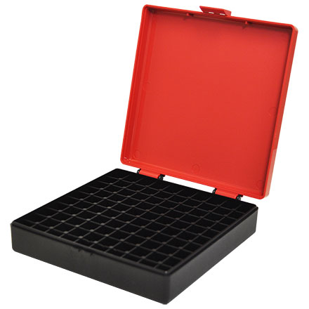 Hinged Top 100 Round Red With Black Base Ammo Box 40 S&W, 45 ACP, 10mm, etc.