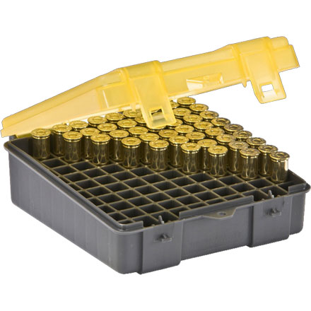 100 Round Handgun Ammo Case .357 Mag/ .38 Special/ .38 S&W with Hinged Cover Gray and Amber