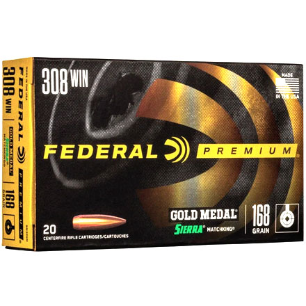 Federal Gold Medal 308 Winchester 168 Grain Sierra MatchKing Hollow Point Boat Tail 20 Rounds