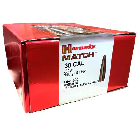 30 Caliber .308 Diameter 168 Grain Boat Tail Hollow Point Match 500 Count