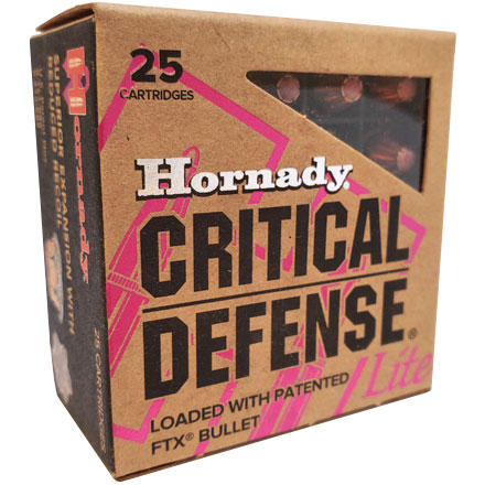 Hornady Critical Defense Lite 9mm Luger 100 Grain FTX 25 Rounds