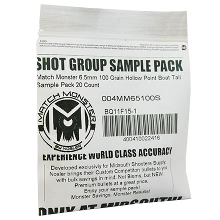 Match Monster 6.5mm .264 Diameter 100 Grain Boat Tail Hollow Point 20 Count Sample Pack