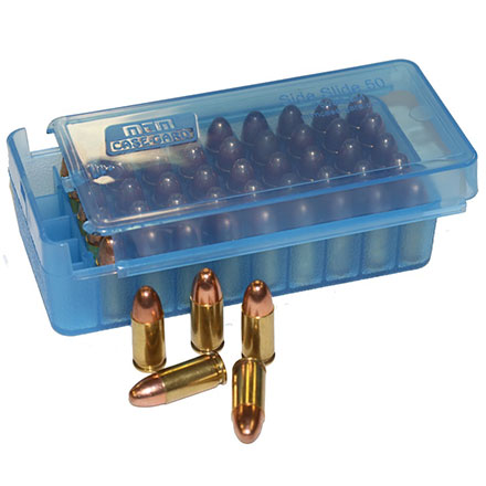9mm/380 ACP Pistol Side Slide 50 Round Ammo Box Clear Blue