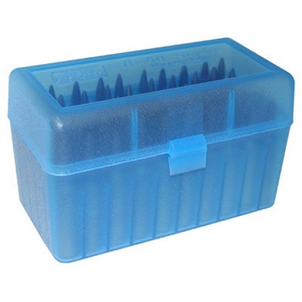 Flip Top 50 Round Ammo Box For WSSM Calibers & 500 S&W Clear Blue