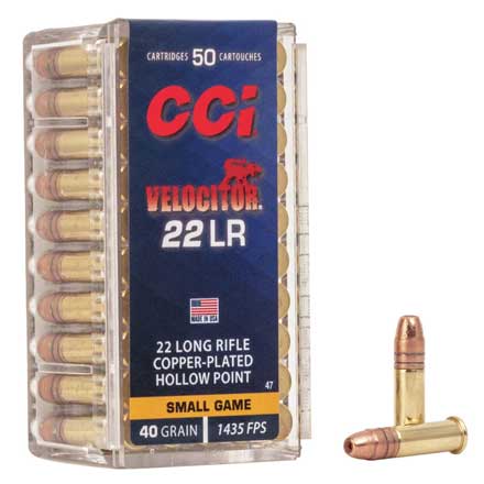 22 LR (Long Rifle) 40 Grain Velocitor Copper Plated Hollow Point 50 Rounds
