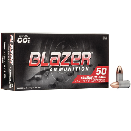 9mm Luger 115 Grain Blazer Full Metal Jacket (Aluminum Cased)  50 Rounds