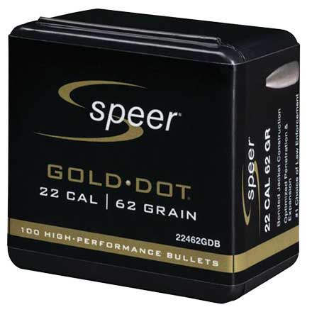 22 Caliber .224 Diameter 62 Grain Speer Gold Dot Soft Point Rifle Bullets 100 Count