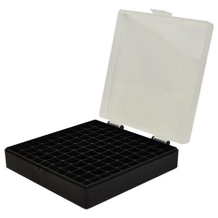 Hinged Top 100 Round Clear With Black Base Ammo Box 40 S&W, 45 ACP, 10mm, etc.