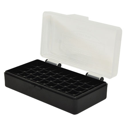 Hinged Top 50 Round Ammo Box 380/9mm Clear with Black Base