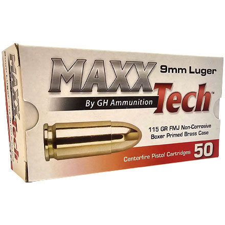 Maxxtech Brass 9mm 115 Grain Full Metal Jacket 50 Rounds