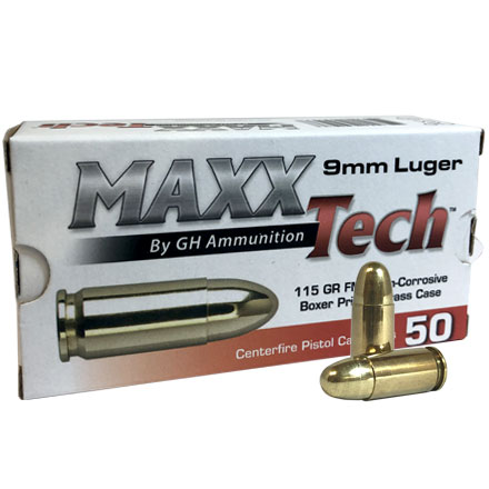 Maxxtech Brass 9mm 115 Grain Full Metal Jacket 50 Rounds