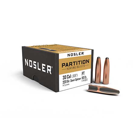 30 Caliber .308 Diameter 220 Grain Semi Spitzer Partition 50 Count