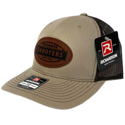 Khaki Structured Front and Coffee Mesh Richardson 112 Trucker Cap w/Leather Midsouth Logo