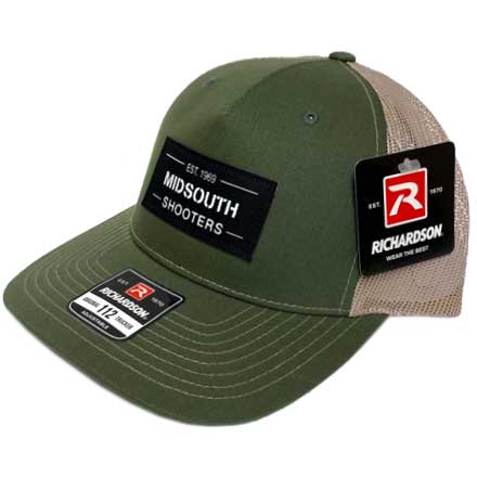 Army Olive 5P Split Structured Front and Tan Mesh Richardson 112 Trucker Cap w/Woven Midsouth Brand