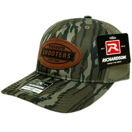 Mossy Oak Bottomland Structured Front and Loden Mesh Richardson Trucker Cap w/Leather Midsouth Logo