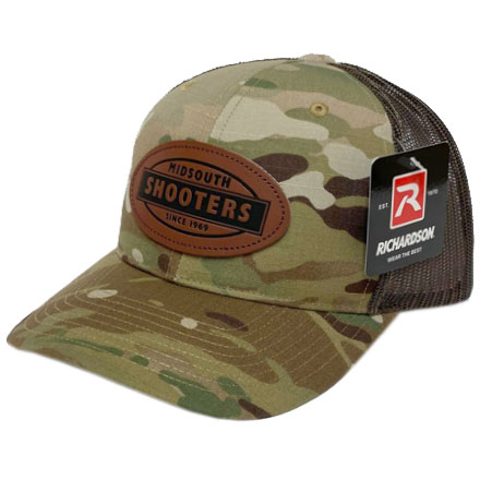 MultiCam Structured Front and Coyote Brown Mesh Richardson Trucker Cap w/Leather Midsouth Logo