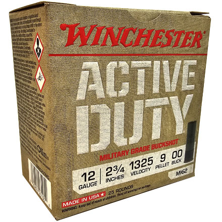 Winchester Active Duty 12 Gauge 2-3/4" 00 Buckshot 9 Pellets 25 Rounds