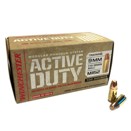 9mm 115 Grain MHS Active Duty M1152 FMJ Flat Nose Ball 100 Rounds