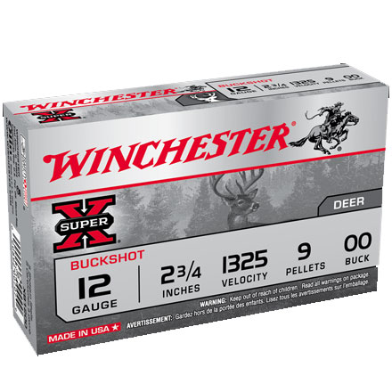 Winchester Super-X 12 Gauge 2-3/4" 9 Pellet #00 Buckshot 5 Rounds