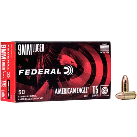 Federal American Eagle 9mm Luger 115 Grain Full Metal Jacket 50 Rounds