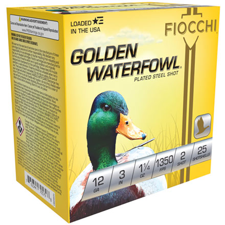 Fiocchi Golden Waterfowl 12 Gauge 3" 1-1/4oz #2 Steel Shot 1350fps 25 Rounds