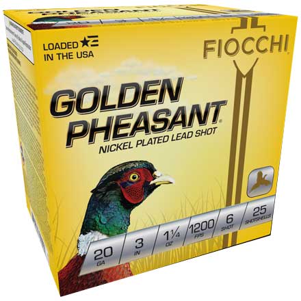 Fiocchi Golden Pheasant 20 Gauge 3 Inch 1 ¾ Ounce #6 Nickel Plated Lead Shot 25 Rounds