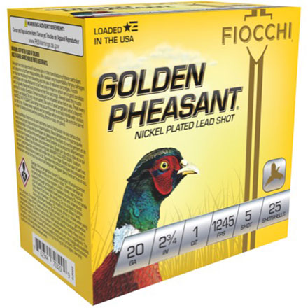 Fiocchi Golden Pheasant 20 Gauge 2-3/4" 1oz #5 Nickel Plated Shot 1245fps 25 Rounds