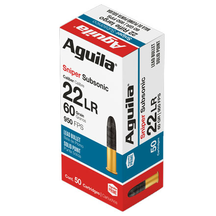 Aguila Sniper Subsonic 22 LR Subsonic Lead Solid Point 60 Grain 50 Rounds 950 FPS