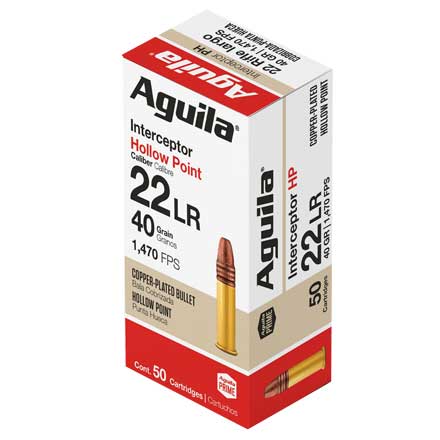 Aguila Interceptor 22 LR High Velocity Copper-Plated Hollow Point 40 Grain 50 Rounds 1470 FPS