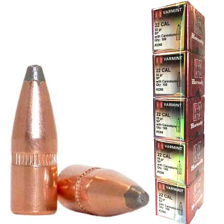 22 Caliber .224 Diameter 55 Grain SP w/Cannelure 500 Count Sleeve (5 Boxes of 100 Count)