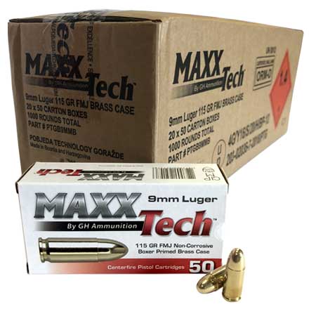 Maxxtech Brass 9mm 115 Grain Full Metal Jacket 1,000 Round Case