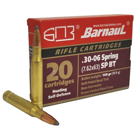 Barnaul 30-06 Springfield 168 Grain SPBT Bullet Brass Coated Steel Case 20 Rounds