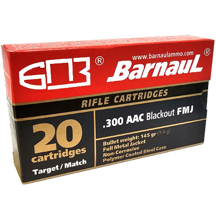 Barnaul 300 AAC Blackout 145 Grain FMJ Poly-coated Steel Case 20 Rounds