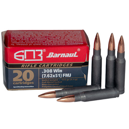 Barnaul 308 Winchester 145 Grain FMJ Polycoated Steel Case 20 Rounds