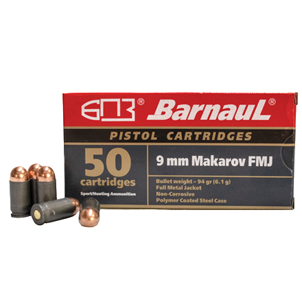 Barnaul 9mm Makarov 94 Grain FMJ Steel Polycoated Case 50 Rounds