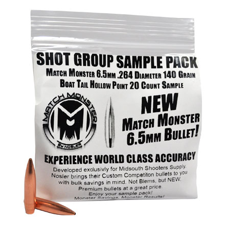 Match Monster 6.5mm .264 Diameter 140 Grain Boat Tail Hollow Point 20 Count Sample Pack