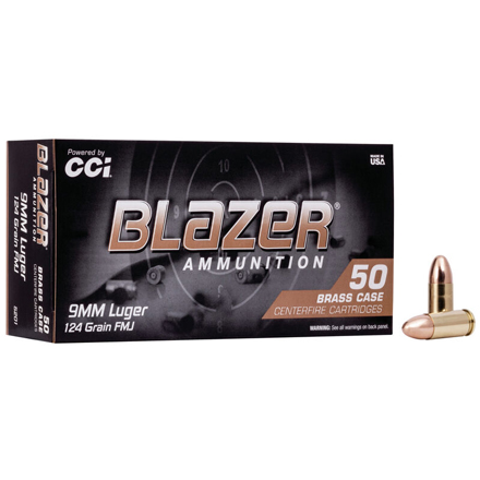 9mm Luger 124 Grain Blazer Brass Full Metal Jacket 50 Rounds
