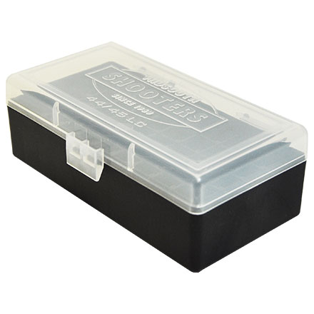 Hinged Top 50 Round Clear With Black Base Ammo Box 44 Magnum, 44 Special, 45 Colt, etc.