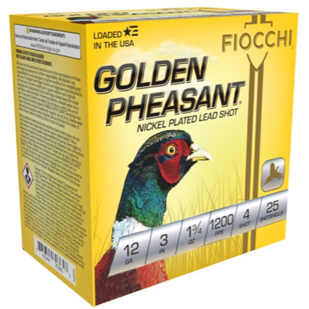 Fiocchi 12 Gauge 3" 1 3/4oz 1200 fps Shot Size #4 Golden Pheasant Nickel Plated 25 Rounds