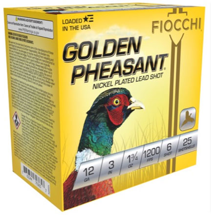 Fiocchi 12 Gauge 3" 1 3/4oz 1200 fps Shot Size #6 Golden Pheasant Nickel Plated 25 Rounds