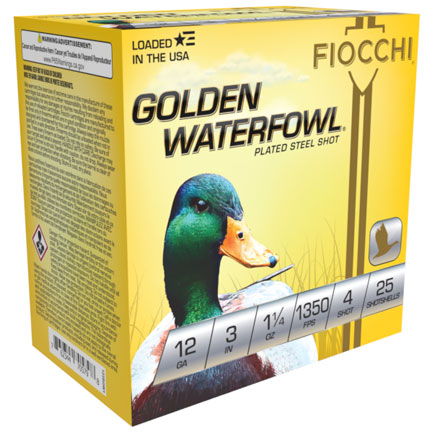 Fiocchi Golden Waterfowl 12 Gauge 3" 1-1/4oz #4 Steel Shot 1350fps 25 Rounds